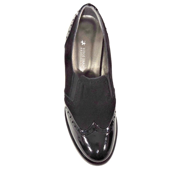 LUIGI TRAINI 🇮🇹 WOMENS BLACK PATENT LEATHER AND SUEDE COMFORT HEELED LOAFERS - Picture 6 of 8